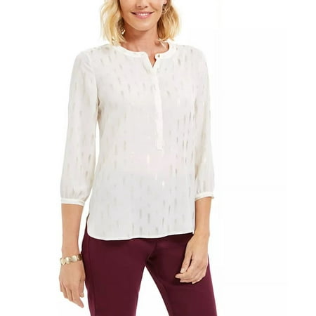 JM Collection Women's Foil Print Pleated Back Blouse White Size Small