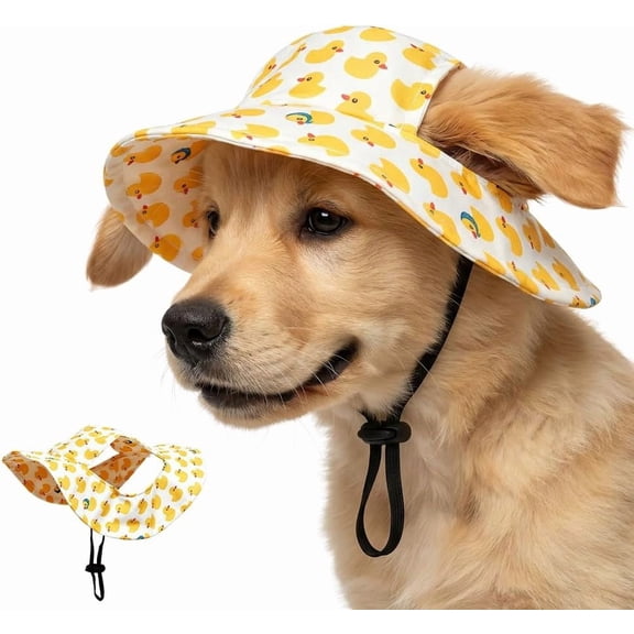 Outdoor Sun Hat for Pets, Adjustable Sun Hat with Ear Holes, Breathable Summer Beach Hat, Lightweight Wide Brim Outdoor Cap for Daily Wear and Travel (Yellow, Small)