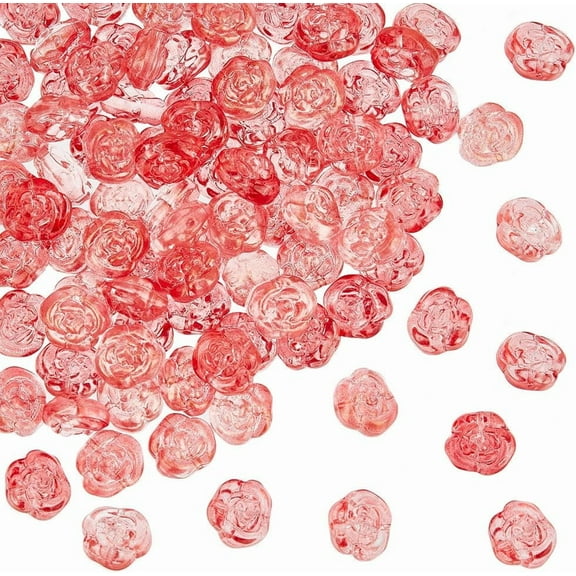 1 Box 100Pcs Pink Rose Beads Glass Flower Bead Transparent Czech Carved Flowers Floral Crystal Glitter Loose Spacer Beads for Bracelet Necklace Jewelry Making DIY Craft Decors Accessories