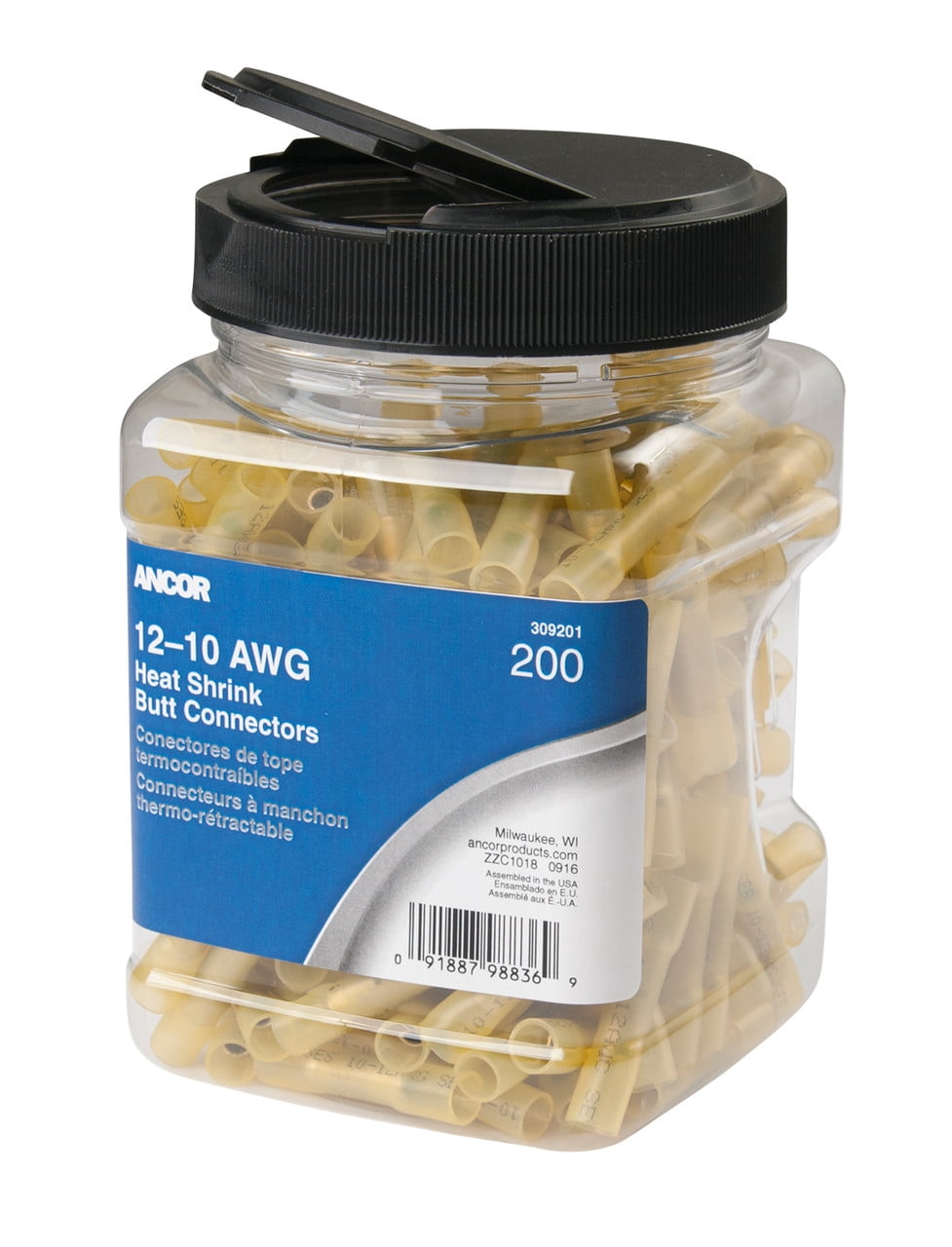 Set of 200 Yellow Ancor Gauge 12-10 Heatshrink Butt Connectors, 5"