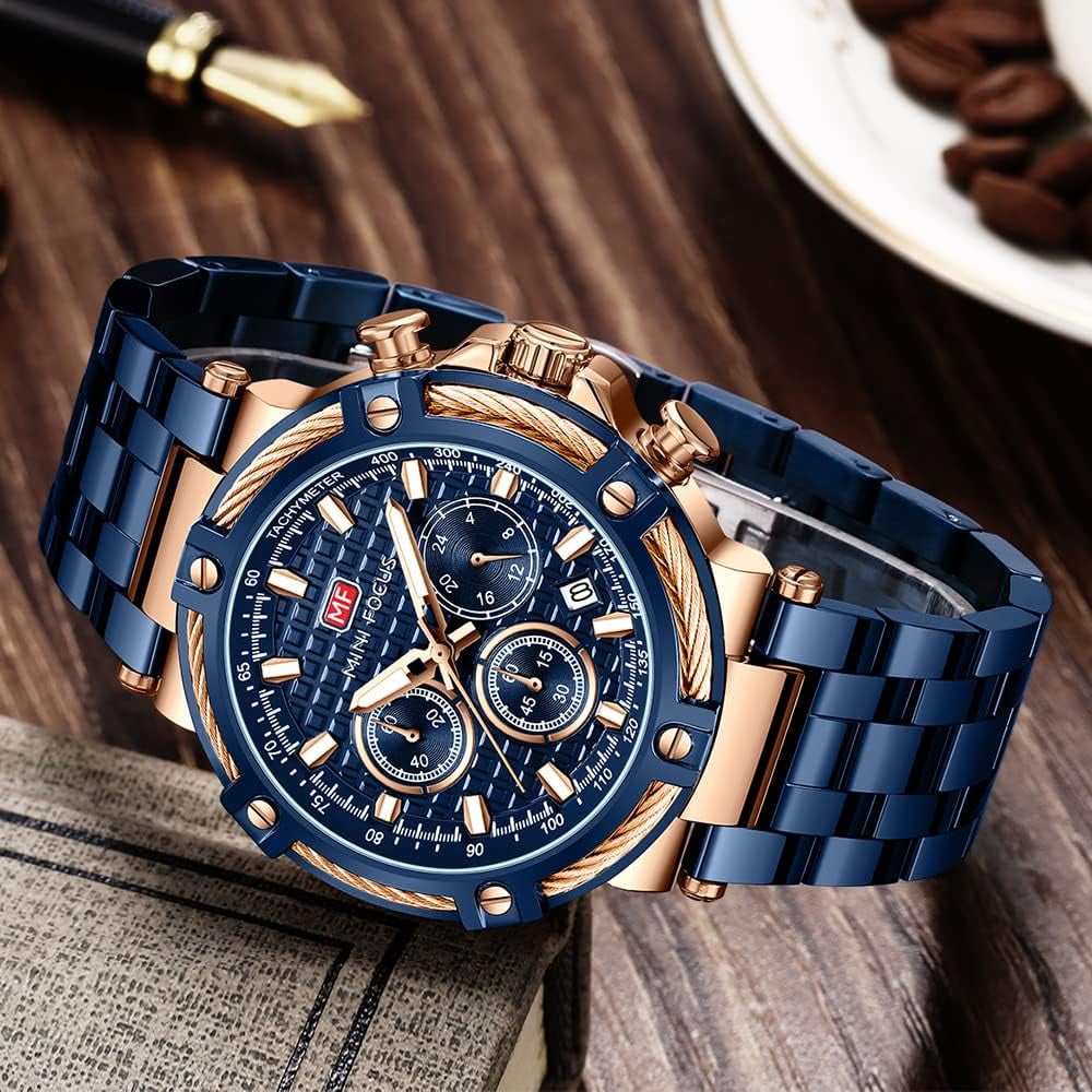 Business Men Watches (Chronograph/Waterproof/Luminous/Calendar/24 Hours) Big Face Stainless Steel Band Watches for Men