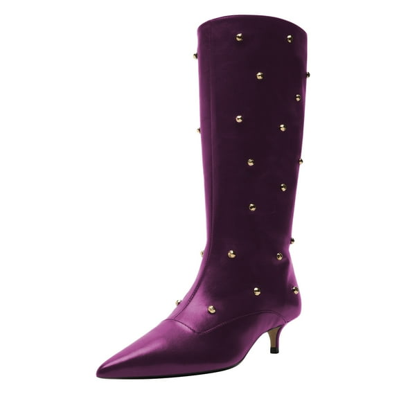 FSJ Women Trendy Rivets Studded Kitten Low Heel Mid Calf Boots Pull On Faux Leather Booties Pointed Closed Toe Comfort Dressy Shoes Size 8 Purple