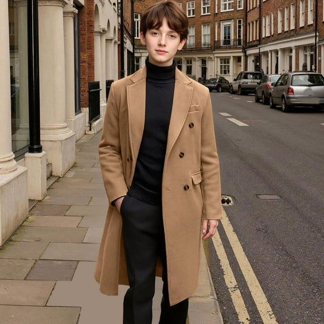 Cowsor Manteau Trench à Double Boutonnage pour Garçons, Revers Cranté, Long Caban Classique Décontracté, Pardessus d'Hiver