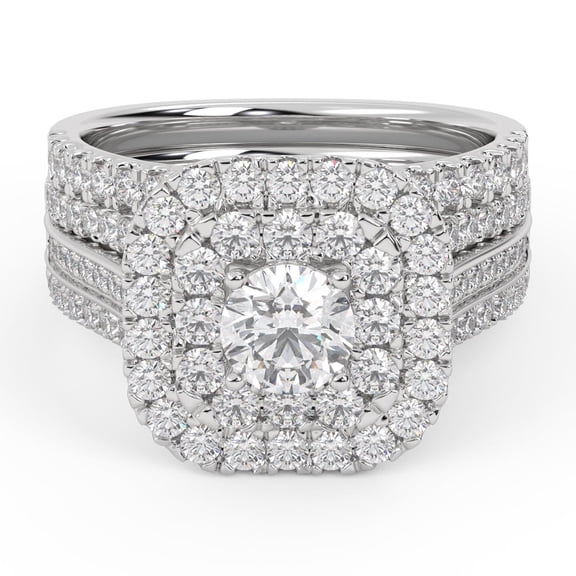 AFFY 3 Row Double Halo Bridal Set Ring for Women, 2 Carat (ctw) Round Cut Lab Grown Diamond Engagement Wedding Ring In 14K White Gold Over Sterling Silver F-G-H, SI Quality Ring Size-4