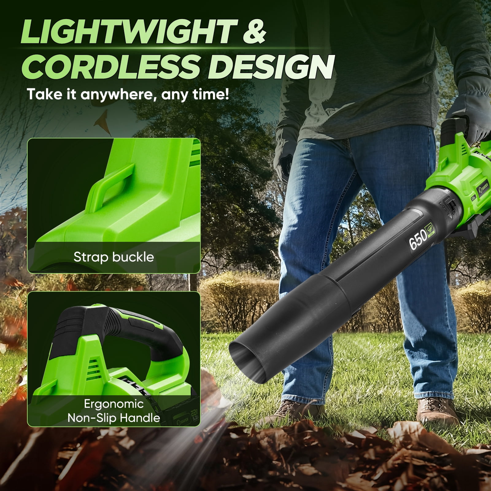 Saker Cordless Leaf Blower with 2x 5.2Ah Batteries, 650CFM, 150MPH, 3 Speed Levels, Electric Leaf Blower for Lawn Care, Leaves Blowing, Patio Cleaning