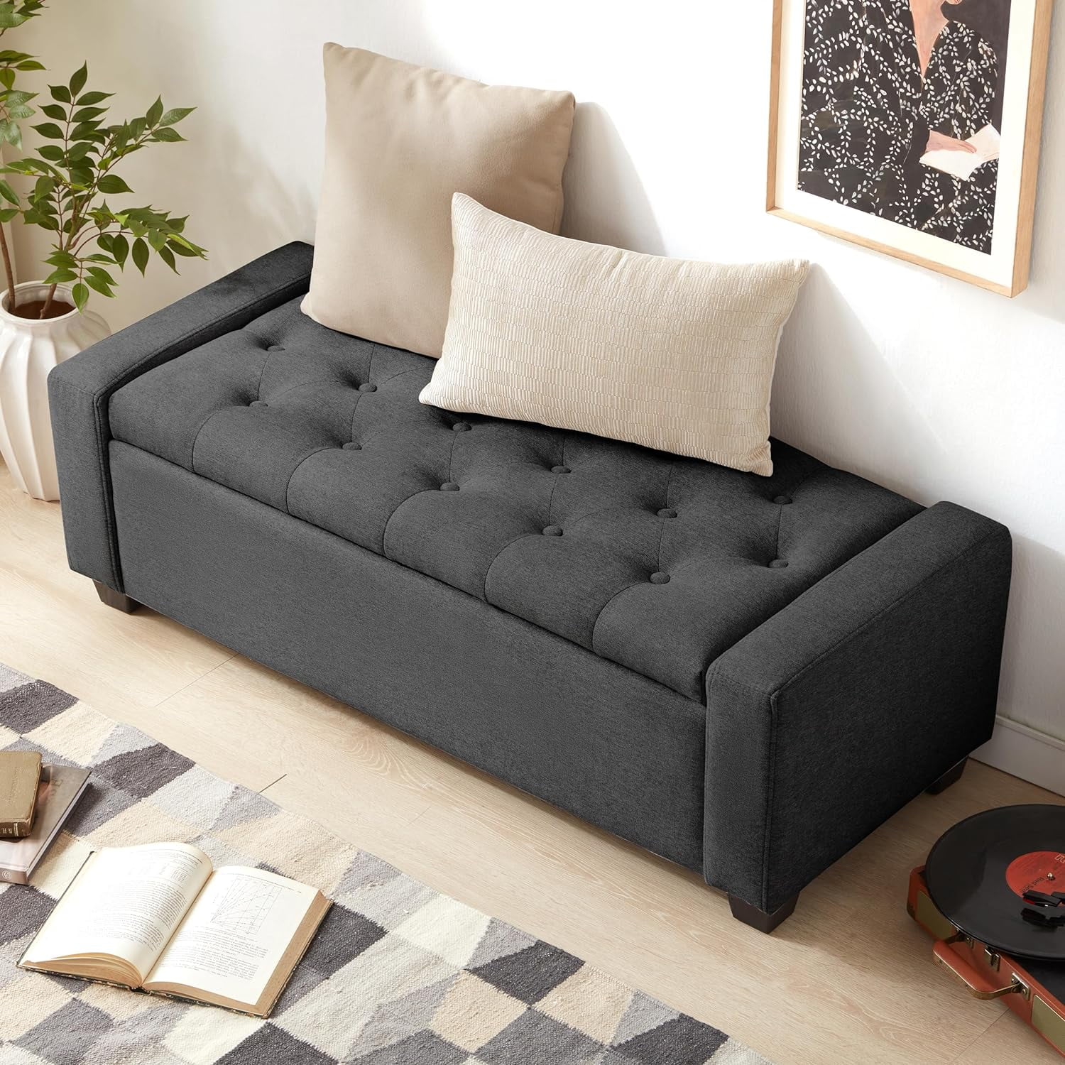Weture Modern Ottoman Bench with Storage, Safety Hinge & Seating, 330 lb Limit, Dark Gray