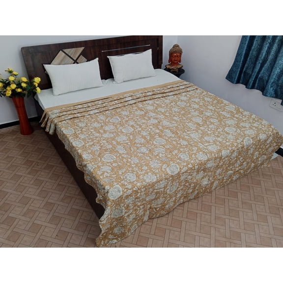 AandETextileHouse Kantha Quilt Farmhouse Floral Brown Pattern Cotton Kantha Stitching Quilts, Twin - Breathable