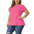 thumbnail image 4 of Agnes Orinda Women's Plus Size Tops Lace Panel Hollow Short Sleeves Spring Summer Solid Blouses 2X Hot Pink, 4 of 6