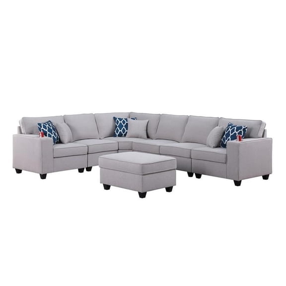 Cooper Light Gray Linen 7Pc Reversible L-Shape Sectional Sofa with Ottoman and Cupholder