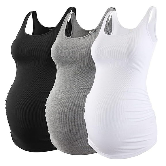 Ecavus Maternity Tank Tops Side Pleats And Ribbed Fabric Sleeveless Mama Pregnancy Clothes 3-Pack Black Gray White L