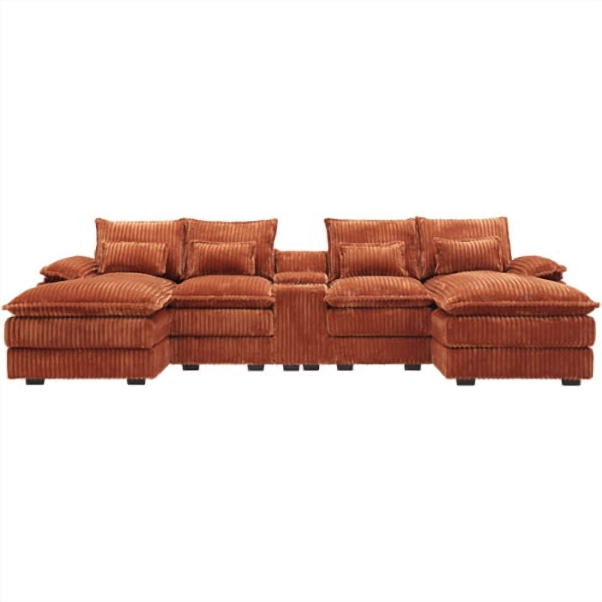 Howcool 124" U Shaped Cloud Couch Modular Sectional Couches for Living Room, Comfy Fluffy Corduroy Oversized Cloud Sectional Couch Large 6 Seat Sectionals Sofa Set Central Console USB Port,Orange