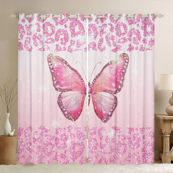 jejeloiu Cartoon Leopard Pattern Black Out Curtains,Cute Butterfly Curtains Pack of 2 (42x63 Each),Pink Glitter Print Bedroom Curtains For Kids,Ultra Soft Home Decor