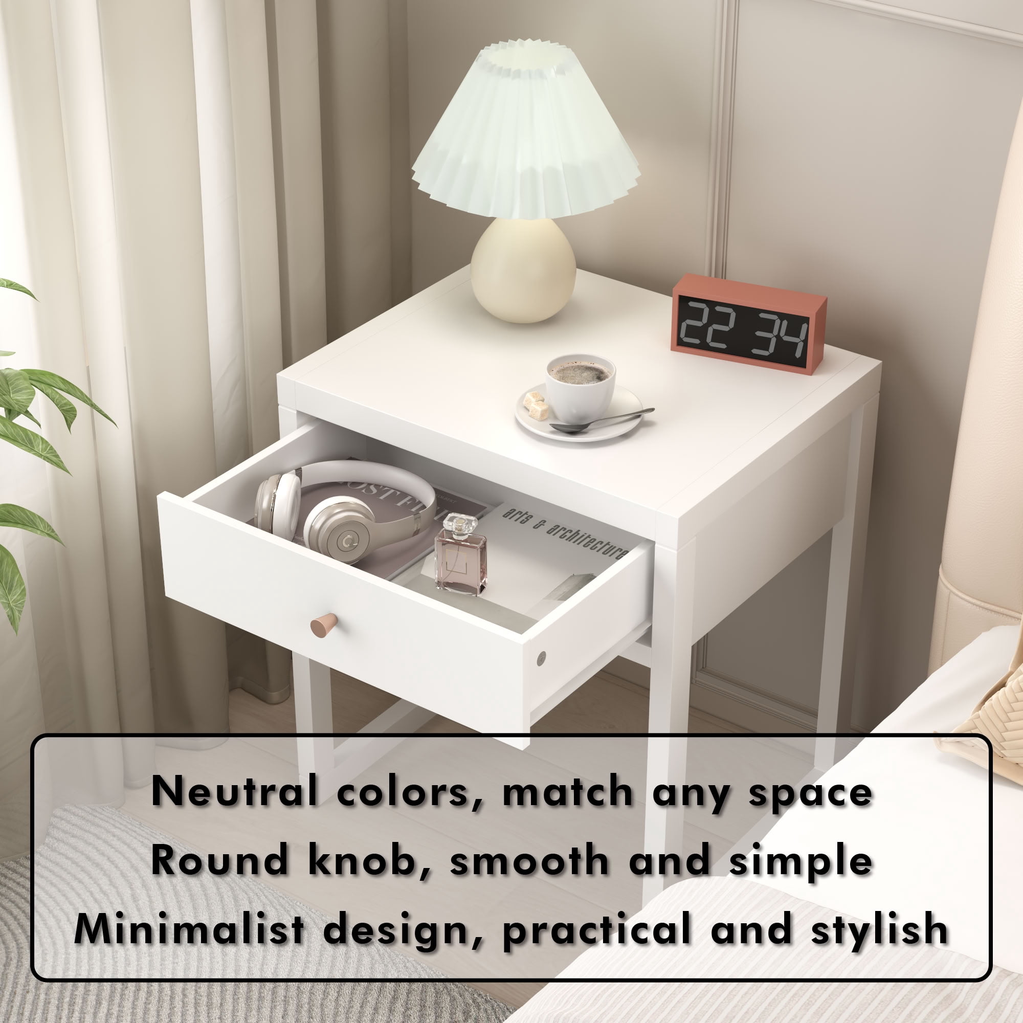 MAYEERTY Modern Nightstand with Drawer, Compact Bedside End Table with Wood Knob & Open Frame Base, for Bedroom Apartment Living Room Small Spaces, White