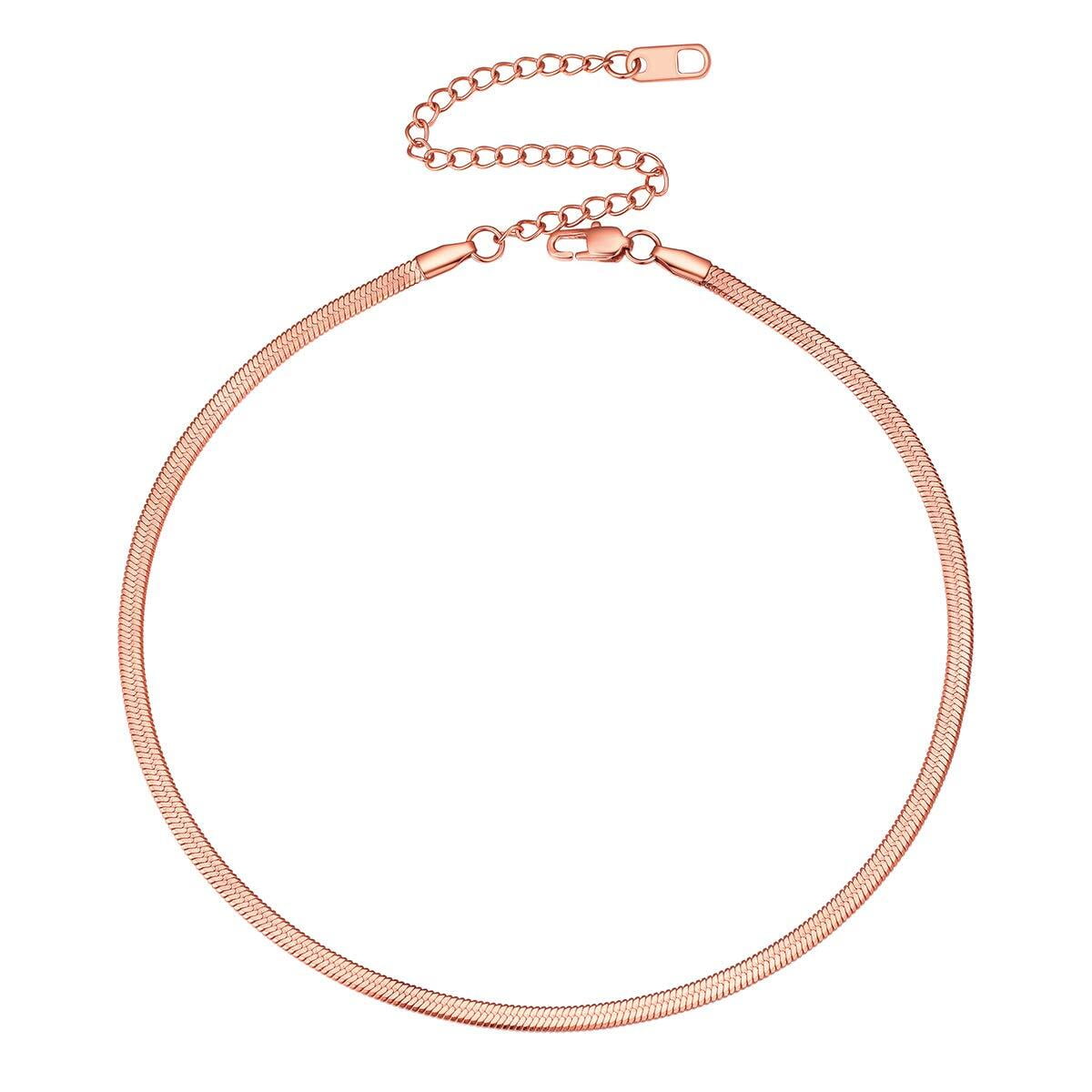 FOCALOOK Flat Snake Chain for Women Stainless Steel Rose Gold Plated Herringbone Choker Necklace Jewelry Birthday Christmas Valentine's Day Gifts 3MM 12 Inches