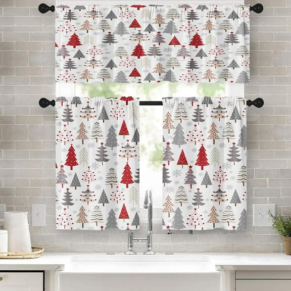 Christmas Kitchen Curtains Grey and Red Christmas Tree Window Curtains and Valances Set 36 Inch, Winter Short Tier Curtain for Kitchen, Small Kitchen Decor