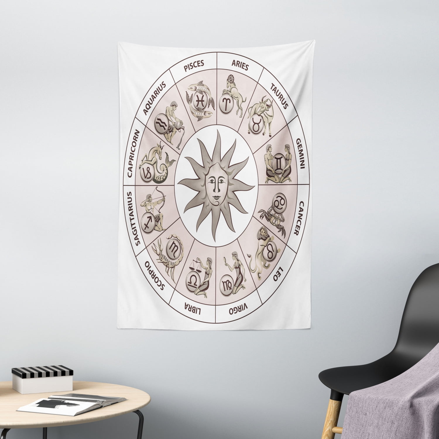 Astrology Tapestry, Wheel Circle of Zodiac Signs with Sun Seem Image in Center Art Print, Wall Hanging for Bedroom Living Room Dorm Decor, 40W X 60L ...