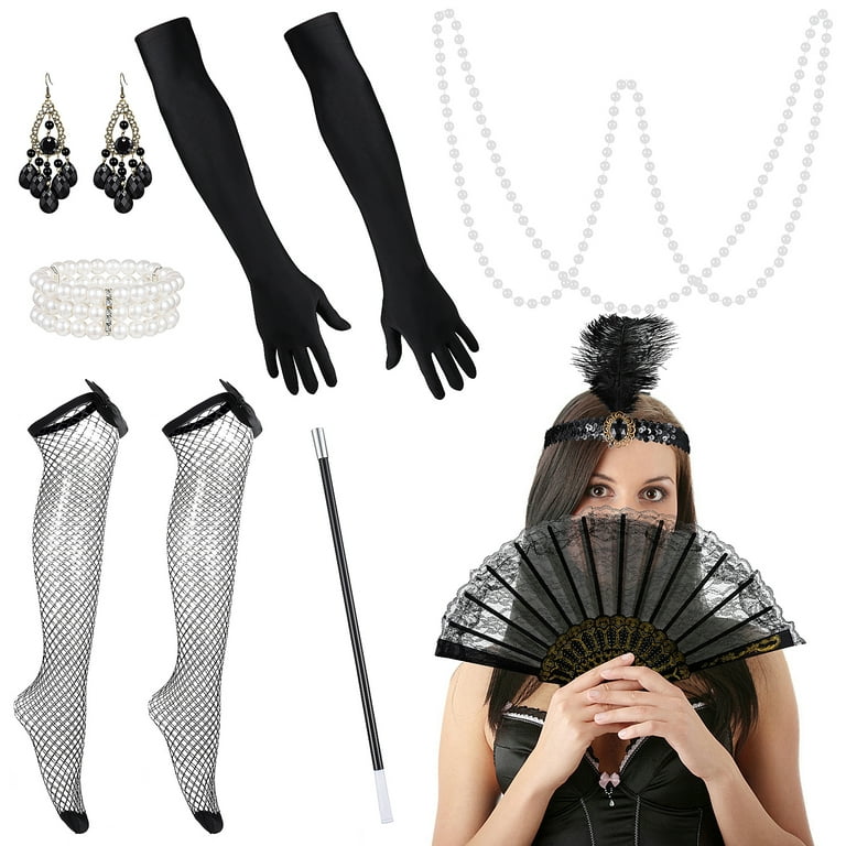 BBTO 6 Pieces Black and White Wigs Cosplay Costume Set Halloween 1920s Party Wig Plastic Holder Pearl Beads Long Gloves 1920s Accessories Costume for