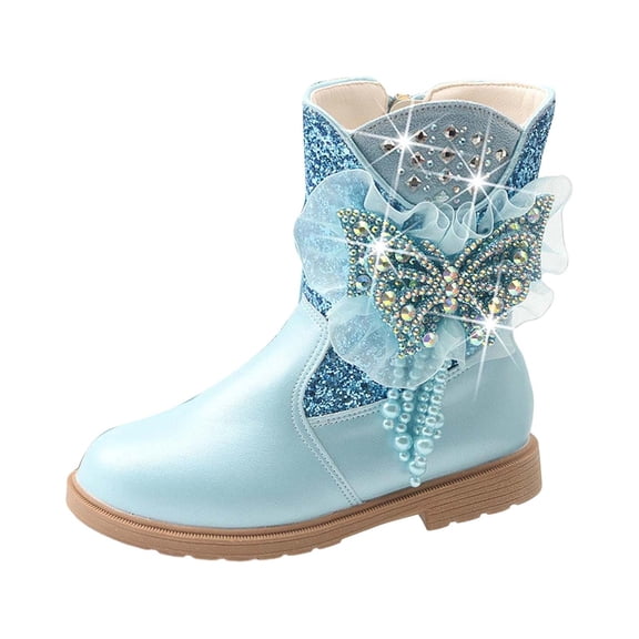QUOTAY Elegant Girls Winter Boot with Cozy and Ribbon Bow Stylish Short Boot Kids Winter Boots for Autumn and Cold Weather 4-13Y 03_Blue,6-7 Years