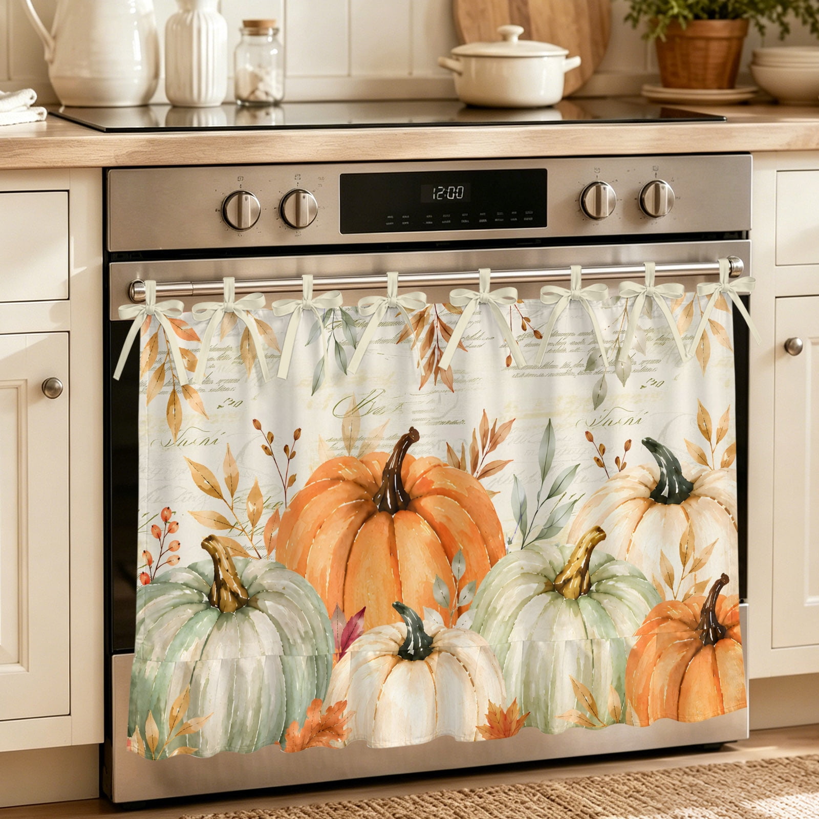 Oven Curtain for Kitchen Thanksgiving Pumpkin Berry Stove Curtain With Ruffled Trim Dishwasher Curtains Fall Foliage Botanical Retro Oven Skirt 32 x24