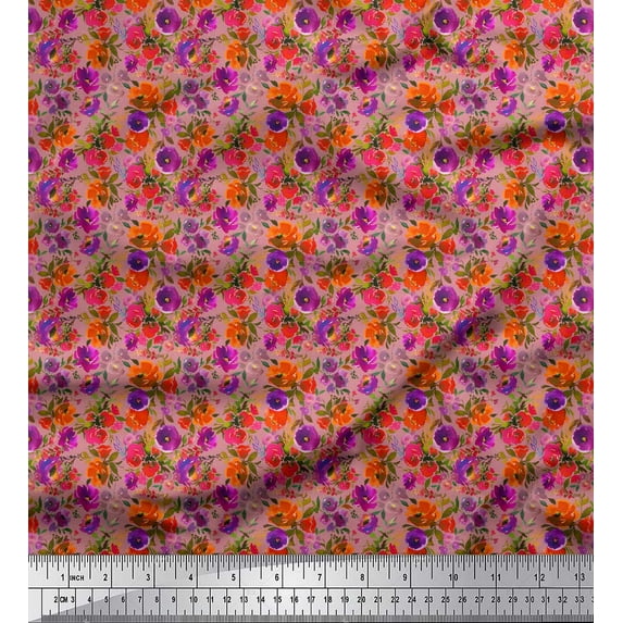 Soimoi Pink Cotton Voile Fabric Peony & Anemone Floral Print Fabric by Yard 56 Inch Wide