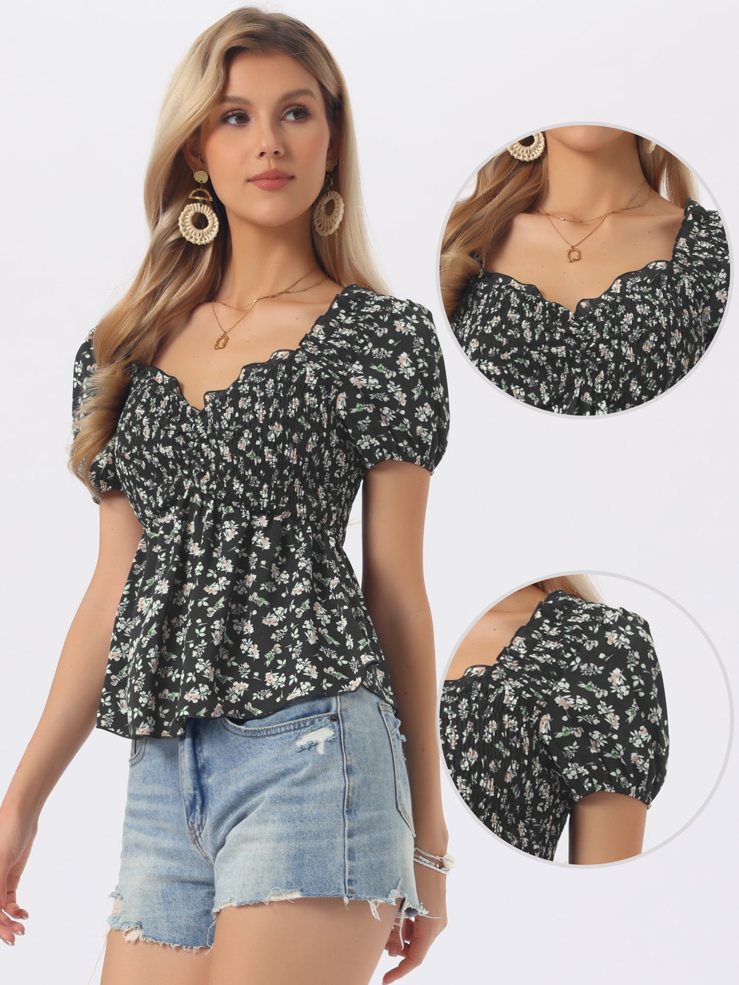 DARING DIVA Women's Puff Sleeve Floral Sweetheart Neck Ruffle Peplum Top S Black Floral