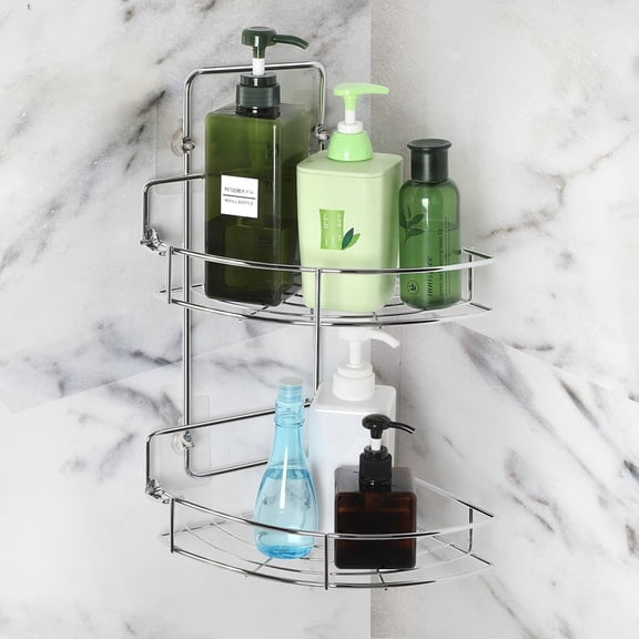 2-Tier Corner Shower Caddy, Adhesive Wall Mounted Bathroom Organizer, Drill-Free Removable Foldable Triangle Storage Rack, Waterproof Rustproof Silver Shower Shelf for 90° Smooth Corner