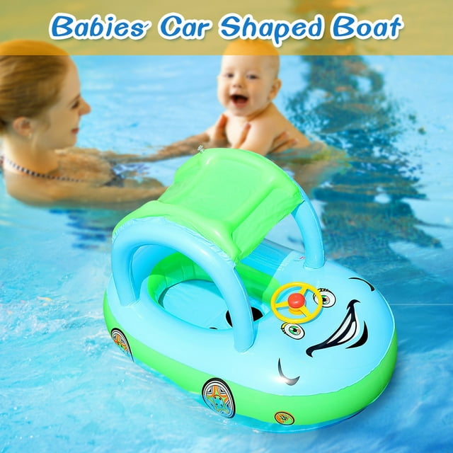 Graflsoa Inflatable Baby Boat with Sunshade and Horn for Swimming, Light Blue & Green, PVC Material, Suitable for Kids Under 3 Years Old