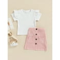 thumbnail image 2 of TSEXIEFOOFU 2Pcs Little Girls Outfit,Lace Splicing Short Sleeve Round Collar Tops +Button Short Skirt with Pocket, 2 of 9