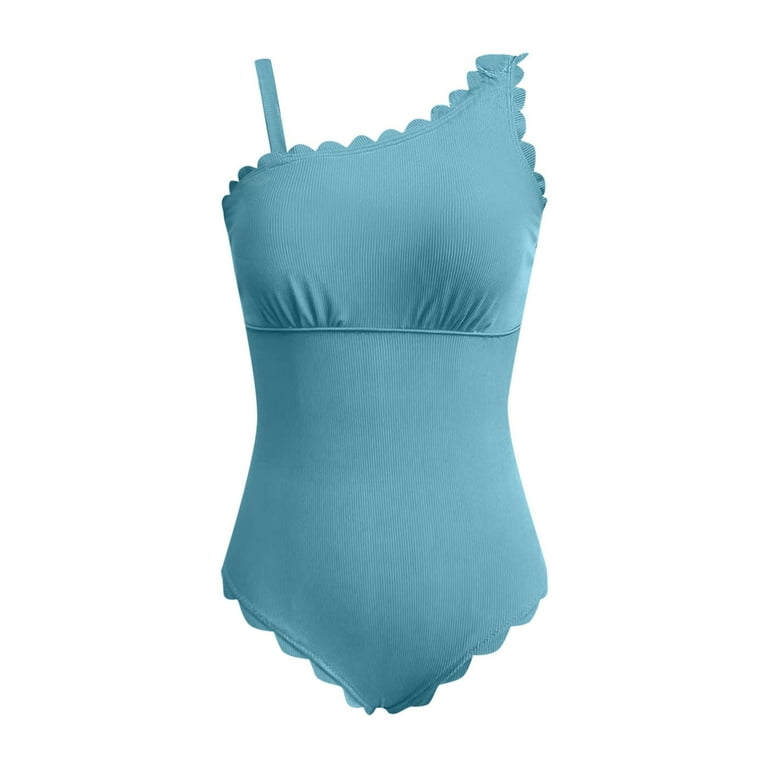 Women's One Shoulder Ribbed Scalloped Swimsuit - Cutout Back