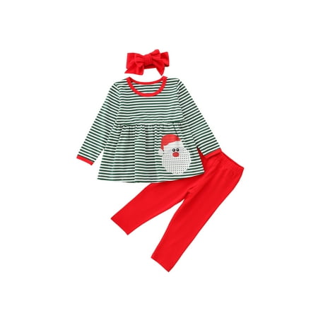 

Calsunbaby Children Christmas Clothes Set Santa Claus Stripe Print Long Sleeve Pullover Solid Color Trousers Headdress Kids Set