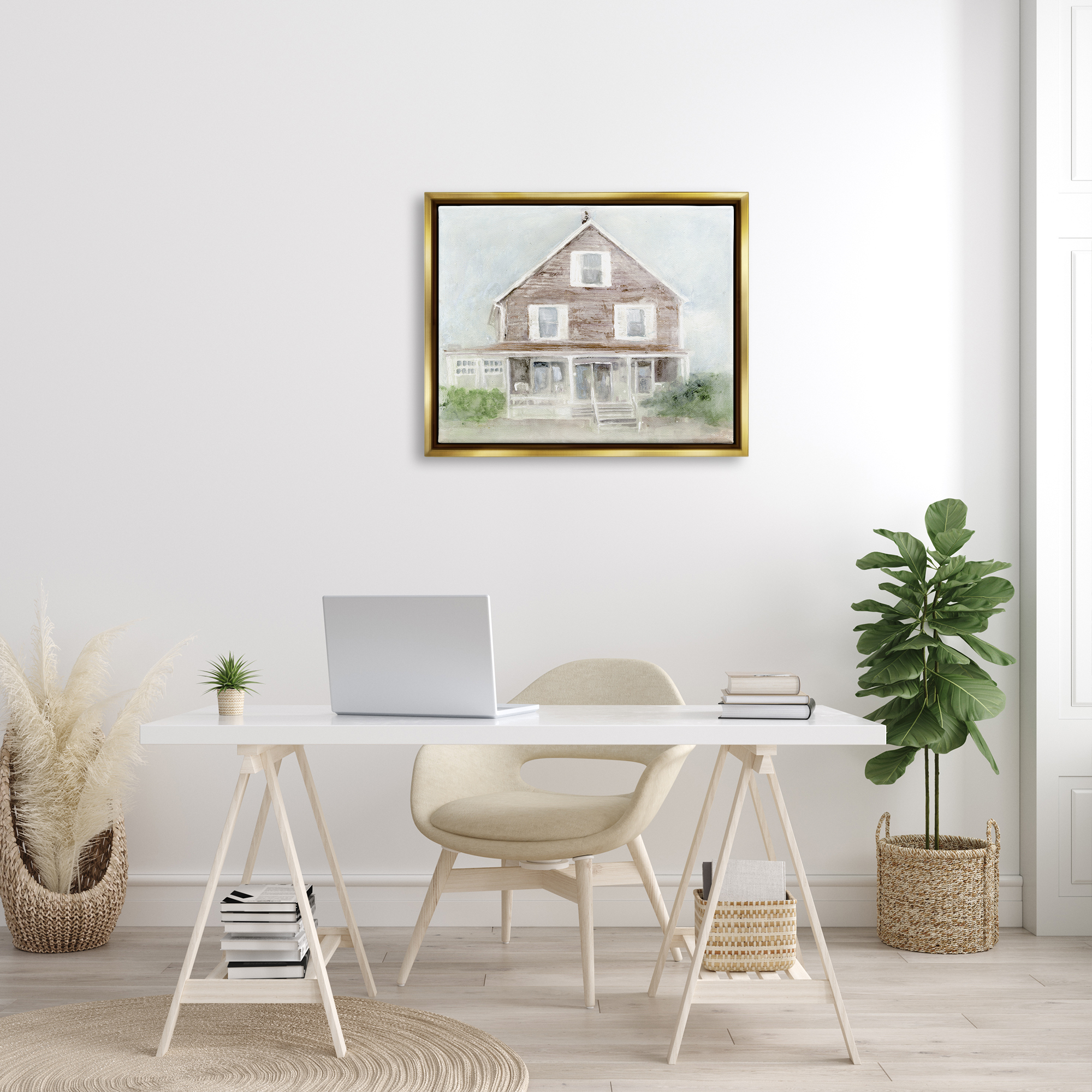 Stupell Coastal House Calm Porch Landscape Painting Gold Floater Framed Art Print Wall Art