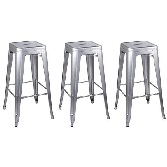 Leejay 30 inch Backless Counter Height Metal Stool Silver, Set of 3