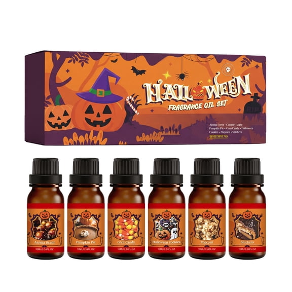 SLYNSHome 6 Pcs Halloween Fragrance Oil,Scents Aromatherapy Gift for Diffuser, Pumpkin Pie Candy Corn Popcorn Holiday Aroma, Essential Oil Kit for Candle Soap Making