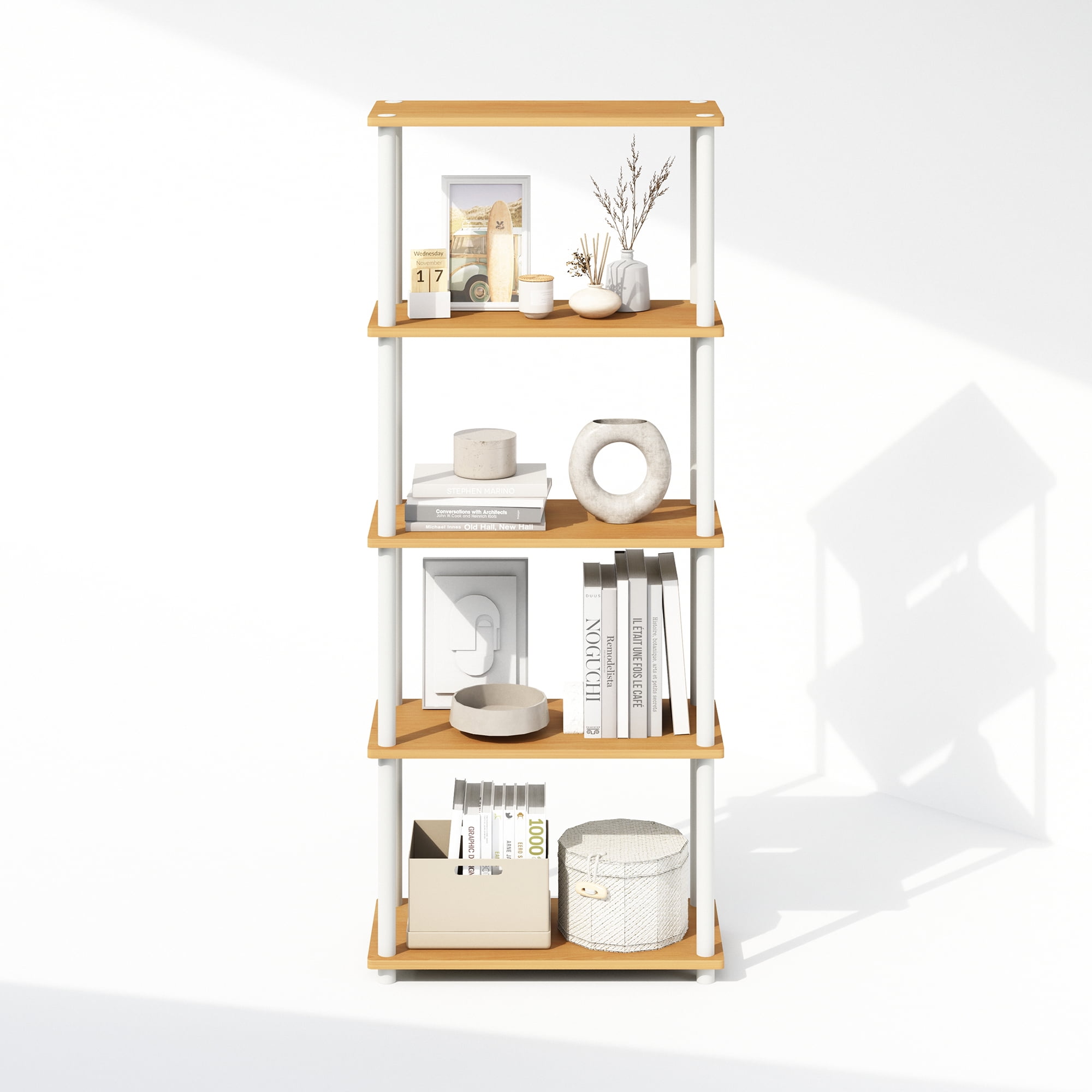 Furinno Turn-N-Tube 5-Tier Multipurpose Compact Display Rack, Shelving Unit, Bookcase, Beech/White