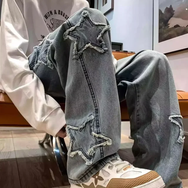◆25SS BAUF Star Symbol Pants/2色◆ Fashion Stars Towel Embroidery Balck Men Jeans Pants Y2K