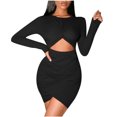 thumbnail image 1 of Vestido corto de manga larga con falda de cadera envuelta informal de color sólido con costura de cuello redondo para mujer Wmkox8yi  FGJ503, 1 of 9