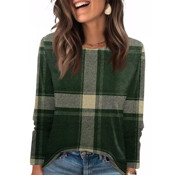 Nokdvo Womans Sweatshirts Fashion 2025 Plaid Crew Neck Pullover Long Sleeve Casual Loose Fitting T Shirts,Green L