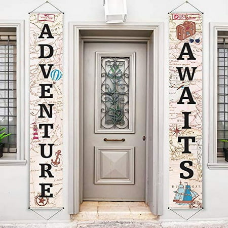 Adventure Awaits Bon Voyage Banner Garland Party Decoration Set Travel Themed Porch Sign Adventure for Indoor/ Outdoor Retirement Moving Relocation Travel Wedding Bachelorette Party Decorations (Khaki