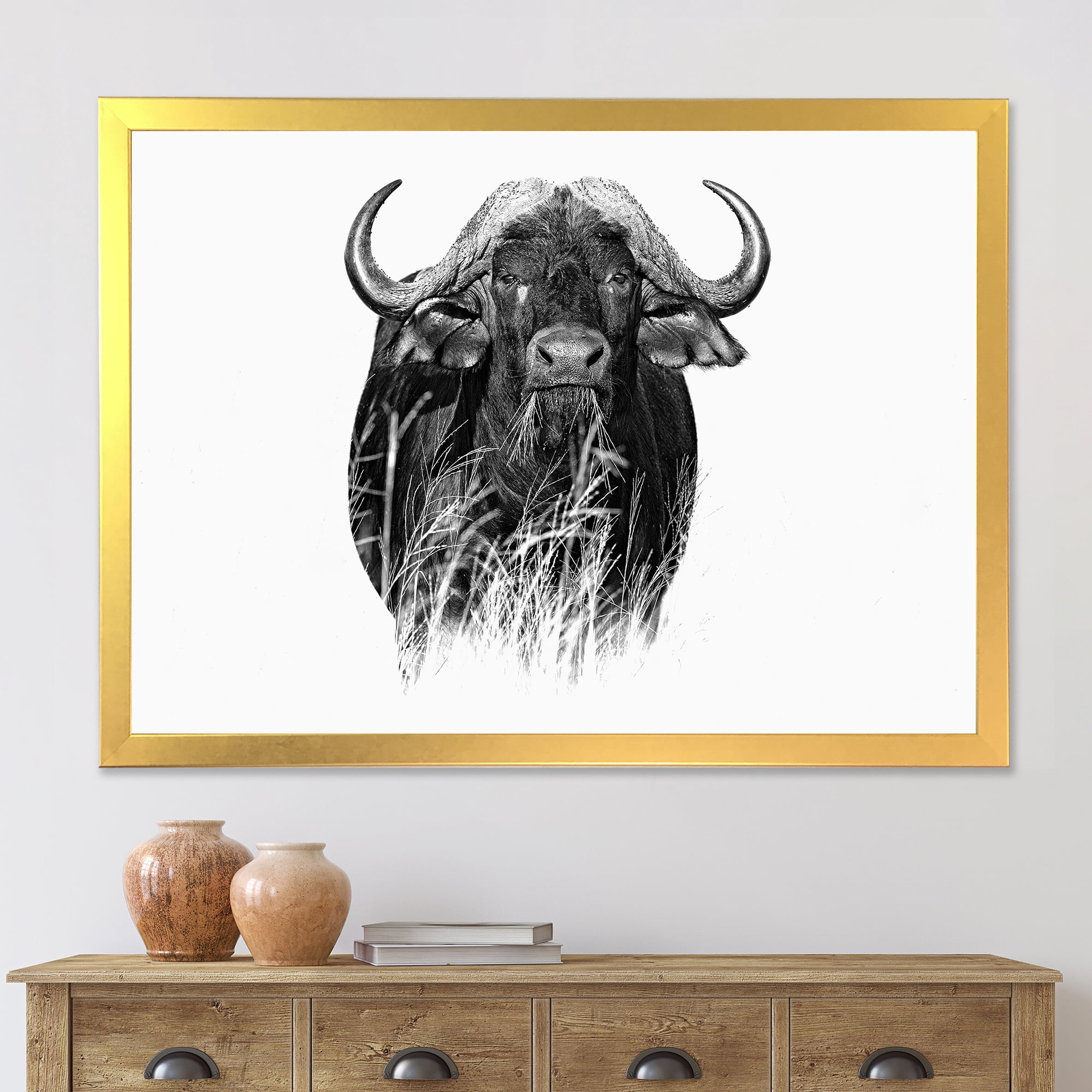 Designart 'Black and White Portrait Of Buffalo IV' Farmhouse Framed Art Print