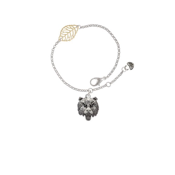 Delight Jewelry Silvertone Large Bear - Mascot - Goldtone Leaf Delicate Bracelet, 6.25+1.75"