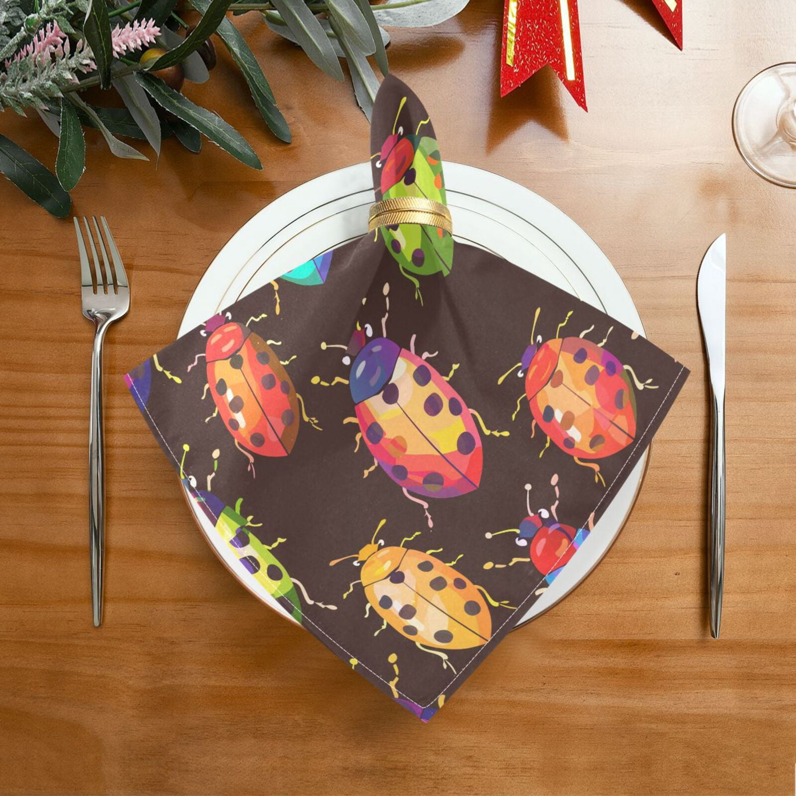 JSTEL Rainbow Lady Bug Cloth Napkins Set of 6, 20x20 Inch Washable and Reusable Napkin for Decoupage Dinner Party Everyday Use
