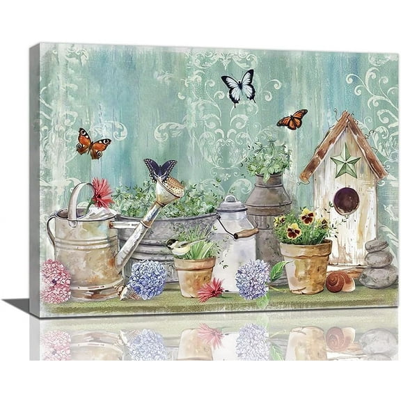 Farmhouse Bathroom Wall Art Teal Floral Flower Butterfly Bathroom Pictures Farmhouse Bathroom Wall Decor Rustic Bathroom Canvas Painting Framed Artwork for Kitchen Bathroom Bedroom 16"x12"