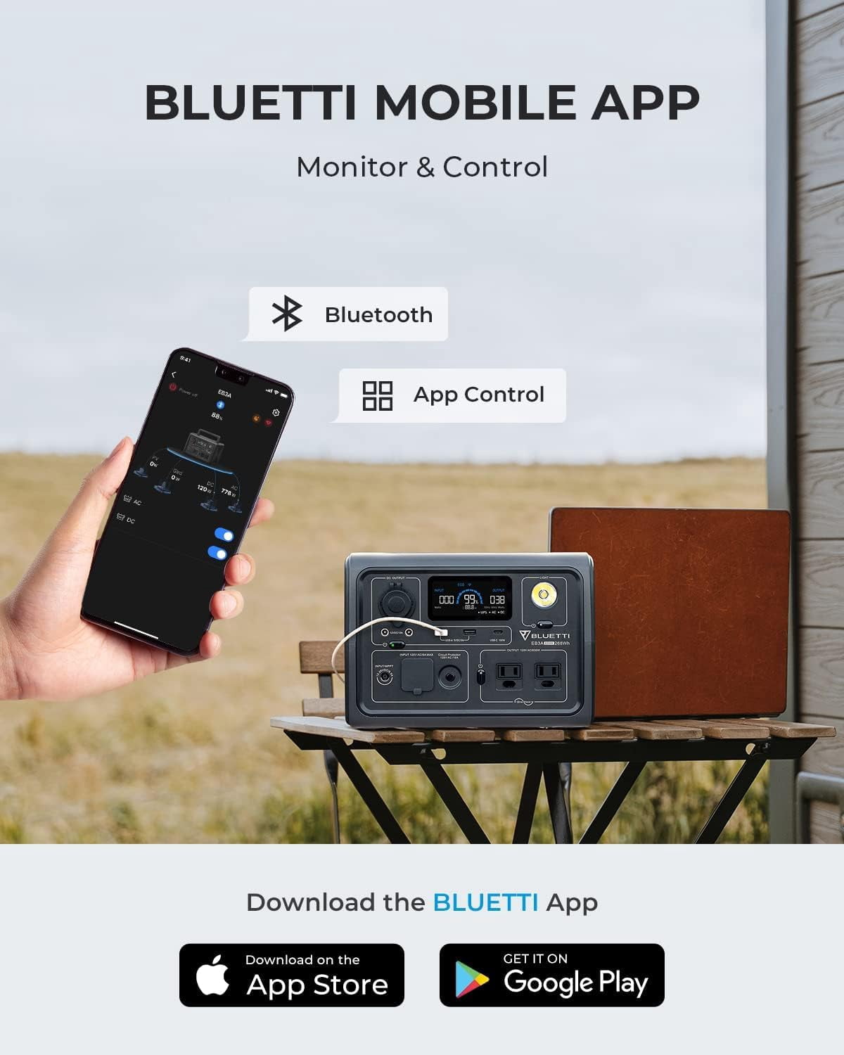 BLUETTI EB3A Solar Generator, 268Wh Portable Power Station with 100W Solar Panel (Ships Separately), 2x600W AC Outlets (1200W Surge), LFP Battery for Camping, Trips, and Power Outages
