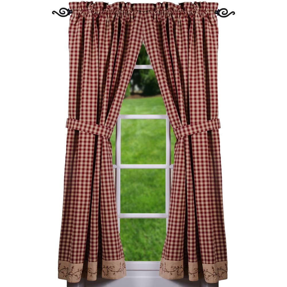 Berry Vine Check Barn Red and Nutmeg 72" x 63" Lined Cotton Curtain