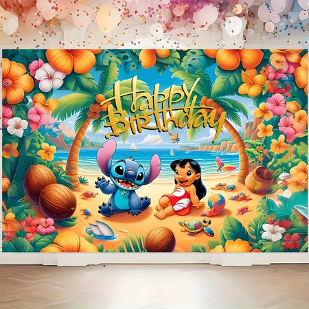 Stitch s birthday banner party decorations photo props and holiday celebration activities a vibrant polyester background with beach-themed decorations