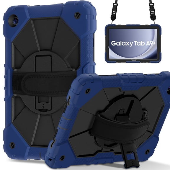 Kids 3-layer Design Case for Samsung Galaxy Tab A9 11.0" 2023 SM-X210 / X216, with Pencil Holder 360 Rotating Kickstand Hand-strap/ Shoulder Strap Heavy Duty Protective Tablet Cover, Navyblue Black