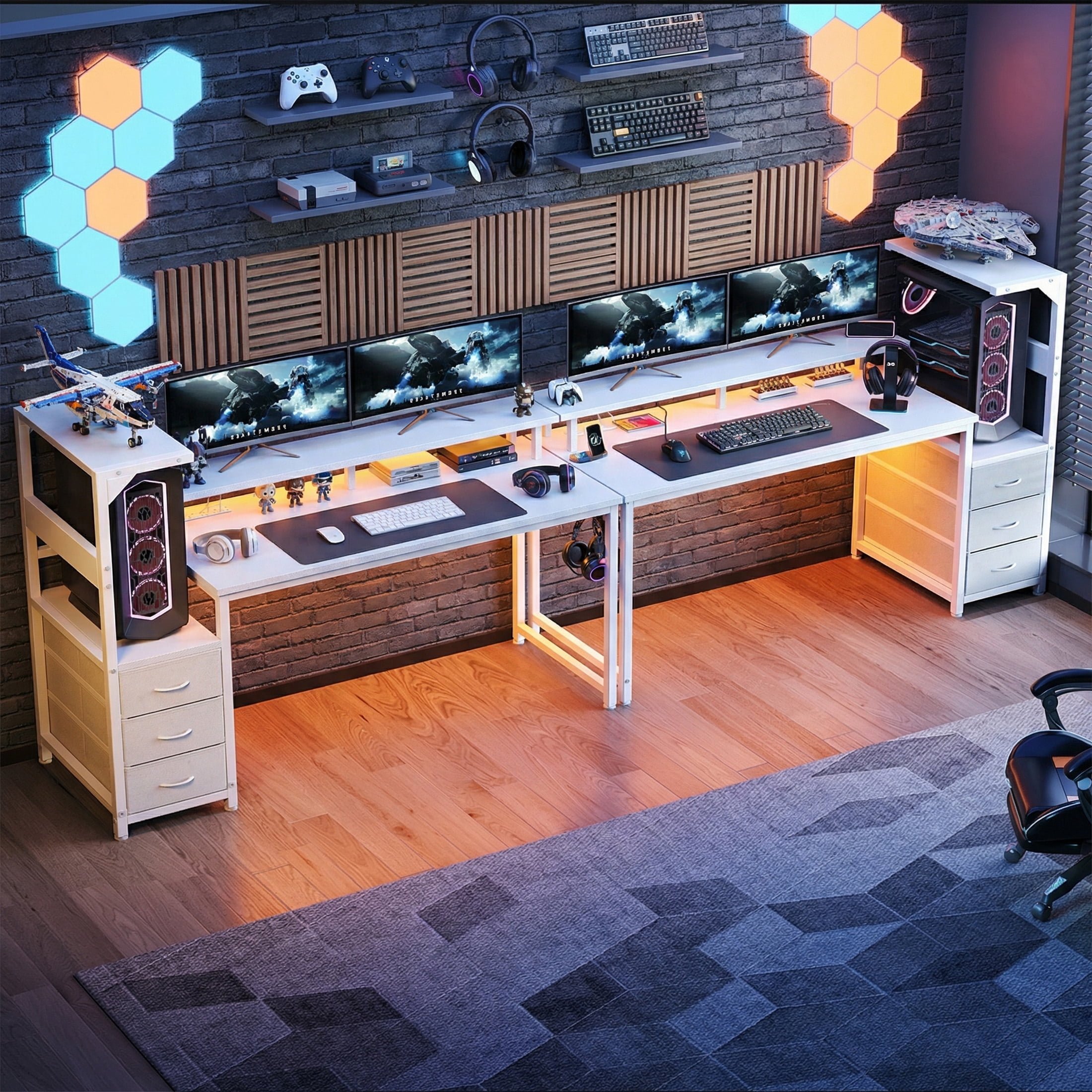 edx 59" Gaming Desk, USB Ports & LED Lights, Reversible Table with Monitor Stand for Home Office, Carbon Fiber White
