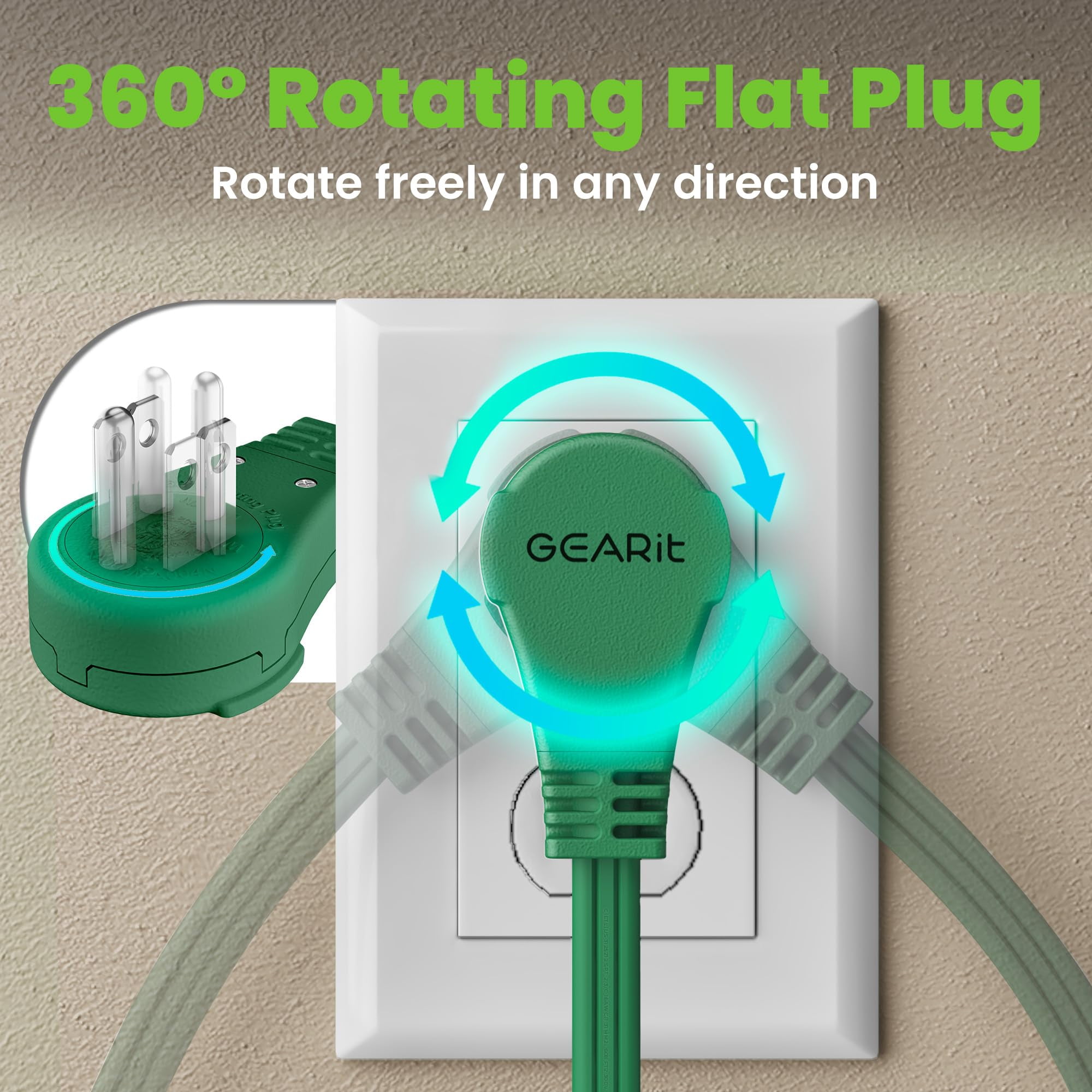 GEARit 360 Rotating Flat Plug Extension Cord with 3 Outlets (25ft, Green) 16AWG/13A 3 Prong Wire, Outlet Saver for Home Office Dorm Room Essentials, ETL Certified