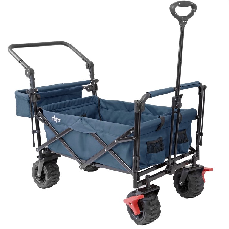 Extra Large Foldable Outdoor Wagon Cart with All Terrain Wheels and Canopy,  Blue 265 Lb Capacity 
