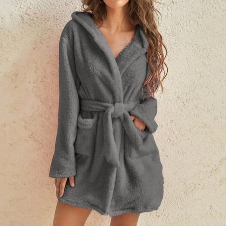 

SENDKEEL Womens Long Robes Plush Fleece Nightgown Thick Winter Robe Hooded Bathrobe With Pockets Warm Sleepwear Nighty